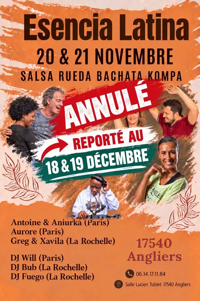 Affiche de l'événement Esencia Latina Salsa Bachata Rueda Kompa du 18/12/2026 à Angliers