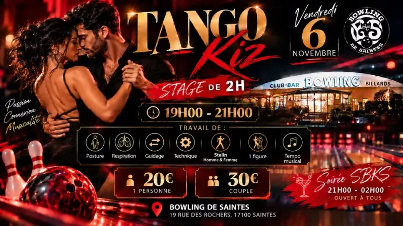 Affiche de l'événement Tango Kiz | Stage 2H + Soirée SBKS du 06/11/2026 à Saintes