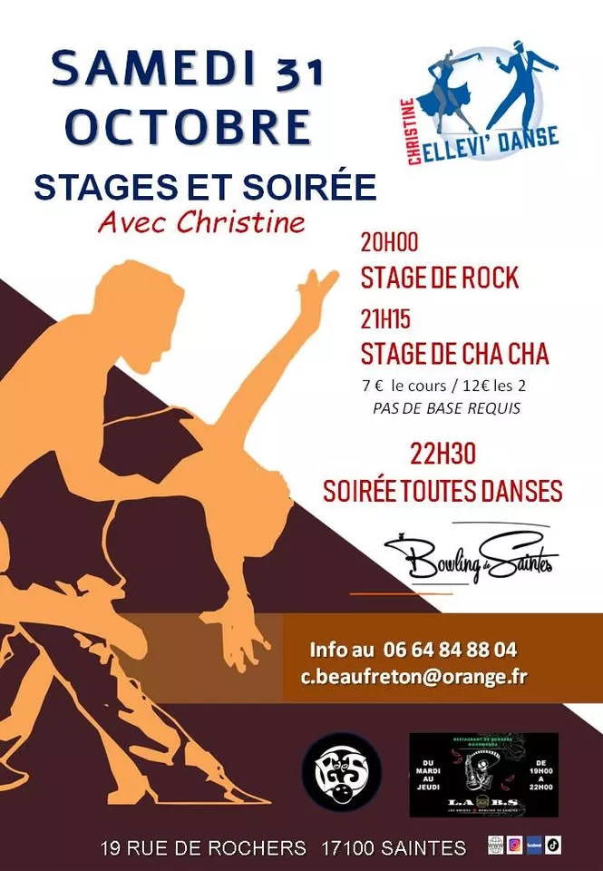 Affiche de l'événement Stages Rock et Cha cha avec Christine Ellevi'Danse et soirée toutes danses du 31/10/2026 à Saintes