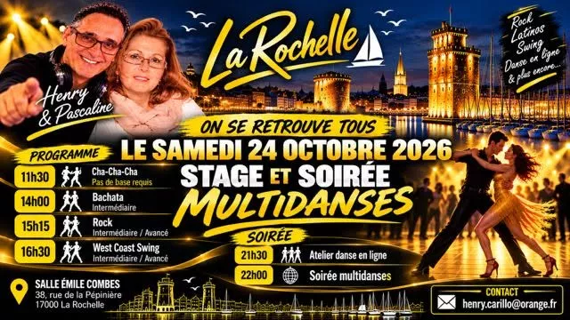 Affiche de l'événement Stage et soirée multi-danses du 24/10/2026 à La Rochelle