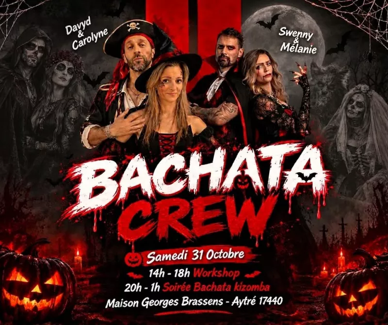 Affiche de l'événement Bachata Crew Hallowen - Stage et Soirée Bachata/ Kizomba zouk B Samedi 31 Octobre 2026 du 31/10/2026 à Aytré